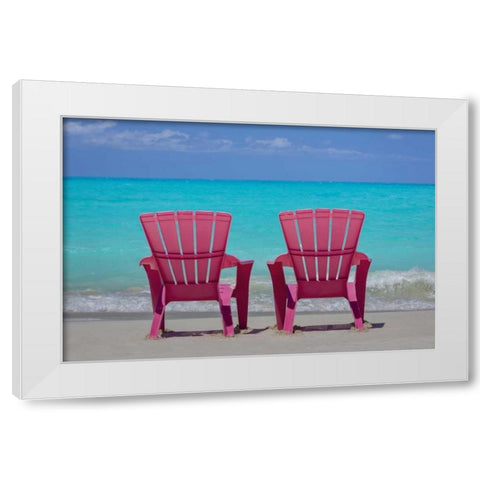 Bahamas, Little Exuma Is Pink chairs on beach White Modern Wood Framed Art Print by Paulson, Don