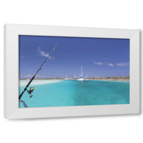 Bahamas, Exuma Island Sailboats and fishing rod White Modern Wood Framed Art Print by Paulson, Don