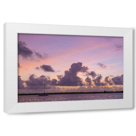 Bahamas, Exuma Is Sailboat anchored at sunset White Modern Wood Framed Art Print by Paulson, Don