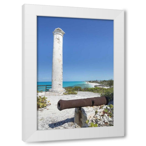 Bahamas, Little Exuma Is Rusty cannon and column White Modern Wood Framed Art Print by Paulson, Don