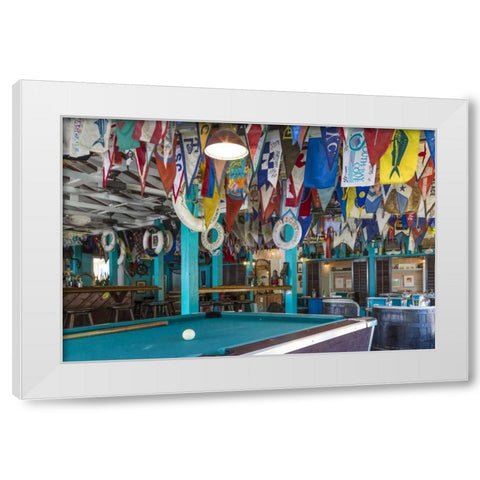 Bahamas, Exuma Island Flags on ceiling of bar White Modern Wood Framed Art Print by Paulson, Don