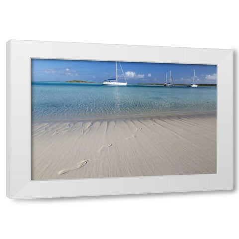 Bahamas, Exuma Island Footprints and sailboats White Modern Wood Framed Art Print by Paulson, Don