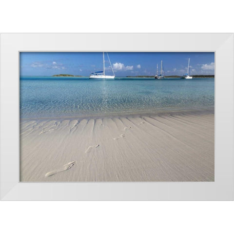 Bahamas, Exuma Island Footprints and sailboats White Modern Wood Framed Art Print by Paulson, Don