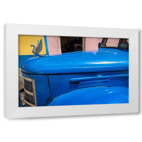 Detail of classic blue American car with chrome swan hood ornament in Trinidad-Cuba White Modern Wood Framed Art Print by Miglavs, Janis