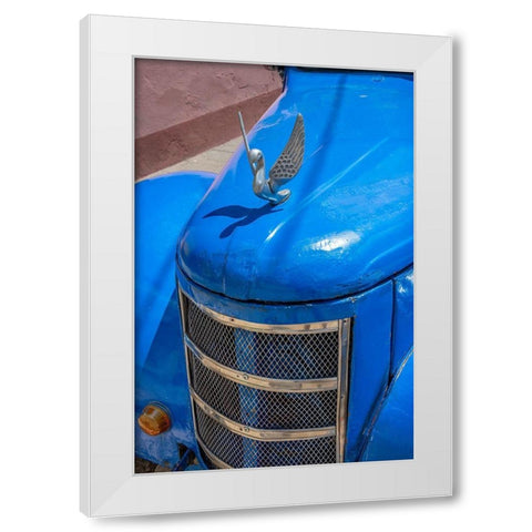 Detail of classic blue American car with chrome swan hood ornament in Trinidad-Cuba White Modern Wood Framed Art Print by Miglavs, Janis