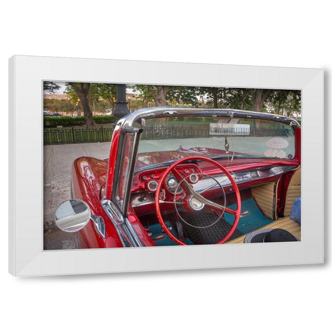 Interior view of red 57 Chevrolet Bel Air convertible in Habana-Havana-Cuba White Modern Wood Framed Art Print by Miglavs, Janis