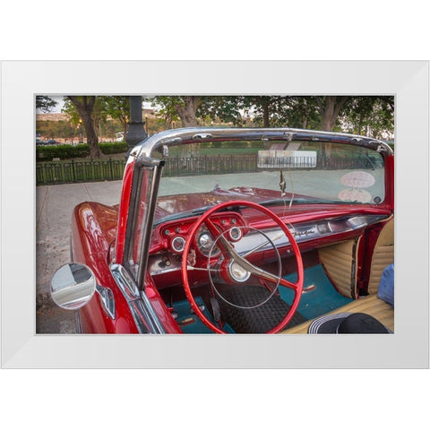 Interior view of red 57 Chevrolet Bel Air convertible in Habana-Havana-Cuba White Modern Wood Framed Art Print by Miglavs, Janis