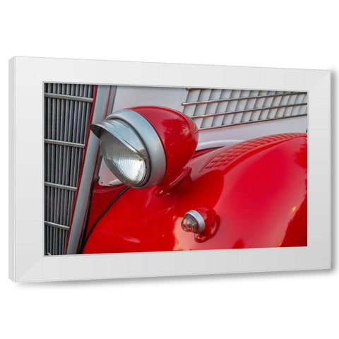 Detail of head lamp on red classic American Ford in Habana-Havana-Cuba White Modern Wood Framed Art Print by Miglavs, Janis