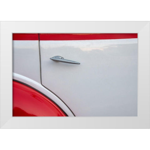 Detail of door on red and white classic American Ford in Habana-Havana-Cuba White Modern Wood Framed Art Print by Miglavs, Janis