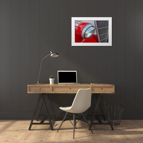 Detail of head light and grill on red classic American Ford in Habana-Havana-Cuba White Modern Wood Framed Art Print by Miglavs, Janis