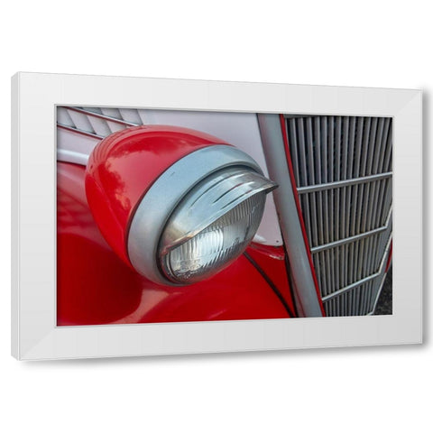 Detail of head light and grill on red classic American Ford in Habana-Havana-Cuba White Modern Wood Framed Art Print by Miglavs, Janis