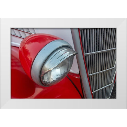 Detail of head light and grill on red classic American Ford in Habana-Havana-Cuba White Modern Wood Framed Art Print by Miglavs, Janis