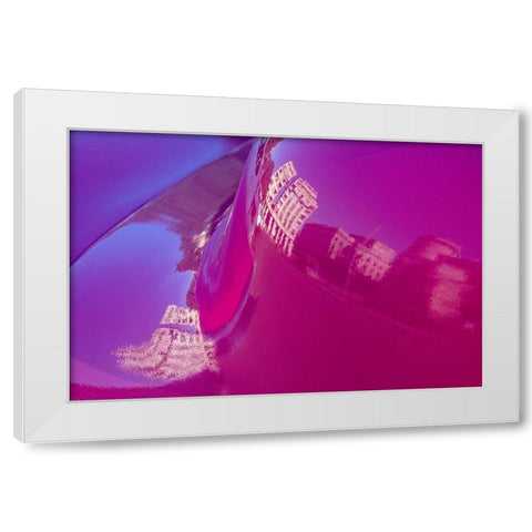 Reflection of buildings in trunk of hot pink classic American Oldsmobile Havana-Cuba White Modern Wood Framed Art Print by Miglavs, Janis