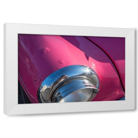 Detail of chrome head light on hot pink classic American Oldsmobile-Havana-Cuba White Modern Wood Framed Art Print by Miglavs, Janis