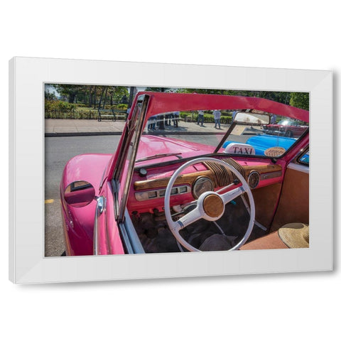 View into drivers seat of classic convertible pink American car parked in Vieja-Havana-Cuba White Modern Wood Framed Art Print by Miglavs, Janis