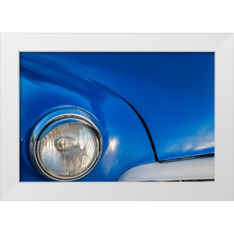 Detail of front end headlight on a classic blue American car in Vieja-old Habana-Havana-Cuba White Modern Wood Framed Art Print by Miglavs, Janis