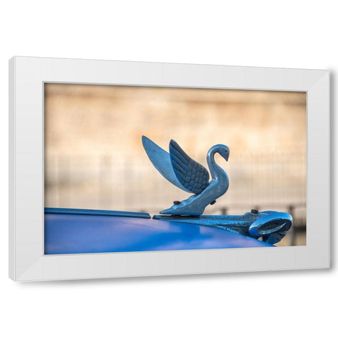 Close-up of a swan hood ornament on a classic blue American car in Vieja-old Habana-Havana-Cuba White Modern Wood Framed Art Print by Miglavs, Janis
