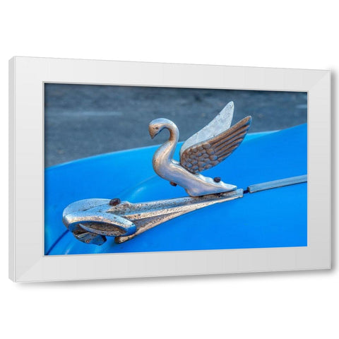 Close-up a swan hood ornament on a classic blue American car in Vieja-old Habana-Havana-Cuba White Modern Wood Framed Art Print by Miglavs, Janis