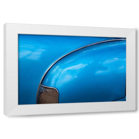 Detail of rear fender on classic blue American Chevrolet in Vinales-Vinales Valley-Cuba White Modern Wood Framed Art Print by Miglavs, Janis