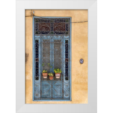 Flower pots sit in wrought iron gate in front of blue door in Old Havana; La Habana Vieja-Cuba White Modern Wood Framed Art Print by Miglavs, Janis