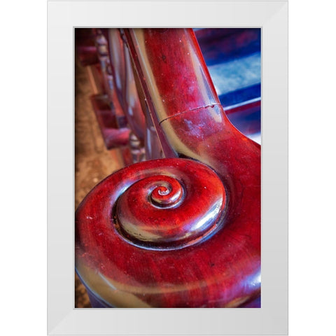Snail shell-like curve on red wooden bannister handrail in Trinidad-Cuba White Modern Wood Framed Art Print by Miglavs, Janis