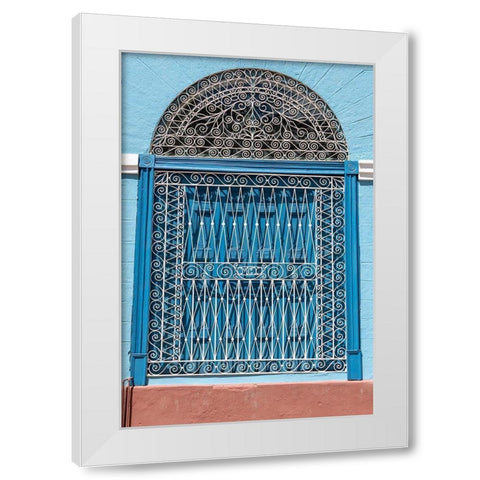Ornate wrought iron covering on blue wooden window shutters-Trinidad-Cuba White Modern Wood Framed Art Print by Miglavs, Janis