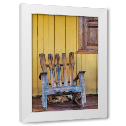 A dog sleeps under a weathered Adirondack rocking chair in Vinales-Cuba, White Modern Wood Framed Art Print by Miglavs, Janis