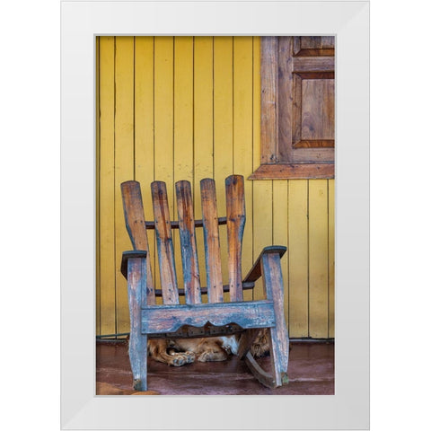 A dog sleeps under a weathered Adirondack rocking chair in Vinales-Cuba, White Modern Wood Framed Art Print by Miglavs, Janis