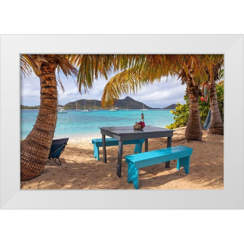 Caribbean-Grenada-Sandy Island Picnic table and hammock on beach White Modern Wood Framed Art Print by Jaynes Gallery