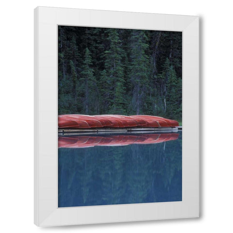 Canada, Alberta Canoes line the Lake Louise White Modern Wood Framed Art Print by Anon, Josh