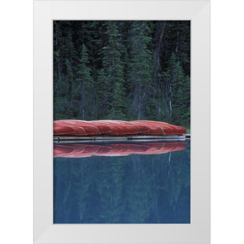 Canada, Alberta Canoes line the Lake Louise White Modern Wood Framed Art Print by Anon, Josh
