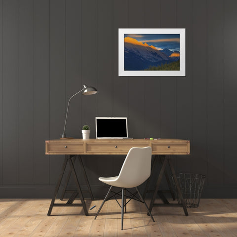 Canada, Jasper NP Sunset over a mountain summit White Modern Wood Framed Art Print by Grandmaison, Mike