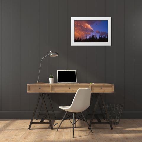 Canada, Alberta, Jasper NP Clouds over forest White Modern Wood Framed Art Print by Grandmaison, Mike