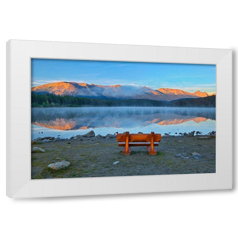 Canada-Alberta-Jasper National Park Bench overlooking lake and mountains at sunset White Modern Wood Framed Art Print by Jaynes Gallery