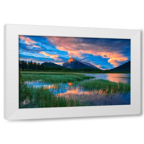 Canada-Alberta-Banff National Park Vermillion Lakes and Mt Rundle at sunrise White Modern Wood Framed Art Print by Jaynes Gallery