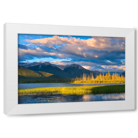 Canada-Alberta-Banff National Park Mountains and lake at sunrise White Modern Wood Framed Art Print by Jaynes Gallery