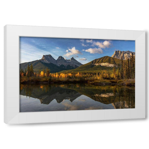 Three Sisters reflect into pool in Canmore-Alberta-Canada White Modern Wood Framed Art Print by Haney, Chuck