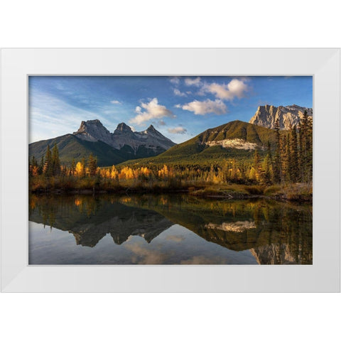 Three Sisters reflect into pool in Canmore-Alberta-Canada White Modern Wood Framed Art Print by Haney, Chuck