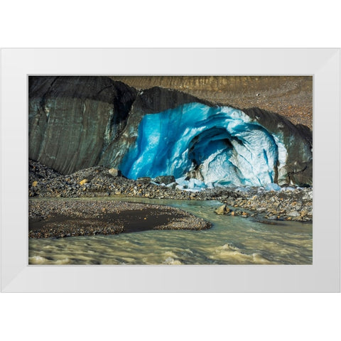 Blue ice and meltwater at the toe of the Athabasca Glacier-Jasper National Park-Alberta-Canada White Modern Wood Framed Art Print by Bishop, Russ
