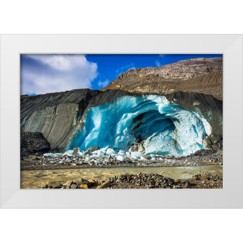 Blue ice and meltwater at the toe of the Athabasca Glacier-Jasper National Park-Alberta-Canada White Modern Wood Framed Art Print by Bishop, Russ