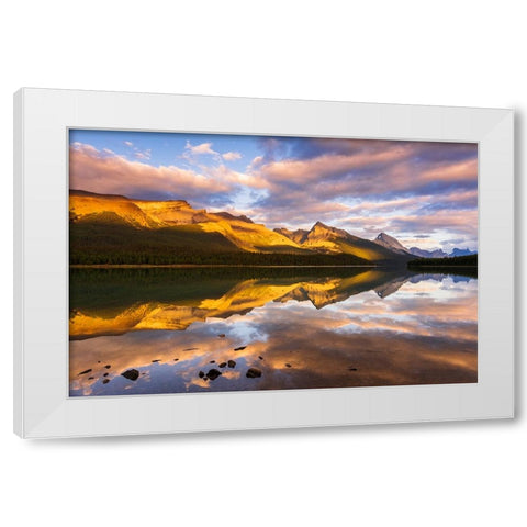 Evening light on Maligne Lake and Sampson Peak-Jasper National Park-Alberta-Canada White Modern Wood Framed Art Print by Bishop, Russ