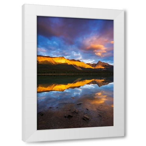 Evening light on Maligne Lake and Sampson Peak-Jasper National Park-Alberta-Canada White Modern Wood Framed Art Print by Bishop, Russ
