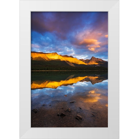 Evening light on Maligne Lake and Sampson Peak-Jasper National Park-Alberta-Canada White Modern Wood Framed Art Print by Bishop, Russ