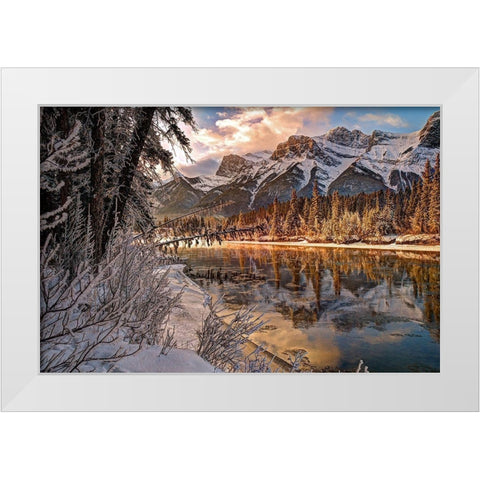Bow river makes its icy way through Canmore-Canada White Modern Wood Framed Art Print by Steve Mohlenkamp