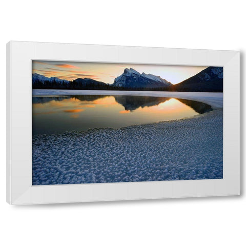 Snow crystals rim a lone break in the ice on Vermilion Lakes on a cold Banff National Park winter mo White Modern Wood Framed Art Print by Steve Mohlenkamp