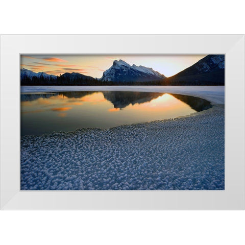 Snow crystals rim a lone break in the ice on Vermilion Lakes on a cold Banff National Park winter mo White Modern Wood Framed Art Print by Steve Mohlenkamp