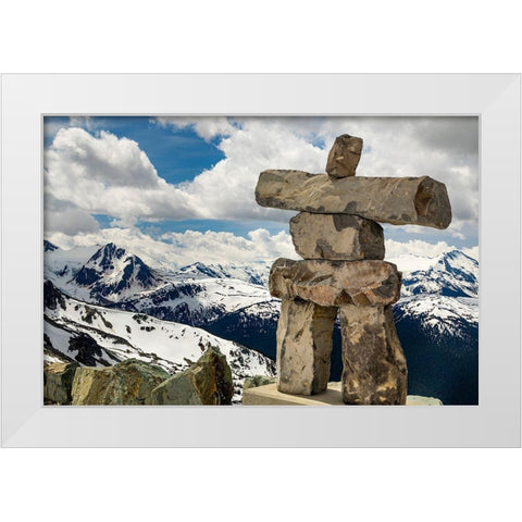 Canada-British Columbia Garibaldi Provincial Park Inukshuk stone figure close-up and mountains  White Modern Wood Framed Art Print by Jaynes Gallery