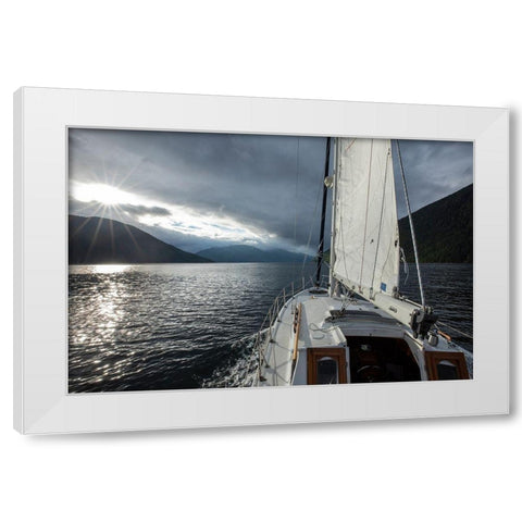 Canada-British Columbia-Gulf 32 pilothouse boat motoring and sailing north White Modern Wood Framed Art Print by Souders, Paul