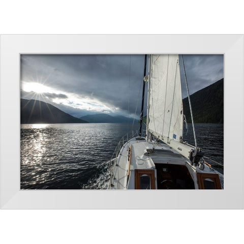 Canada-British Columbia-Gulf 32 pilothouse boat motoring and sailing north White Modern Wood Framed Art Print by Souders, Paul