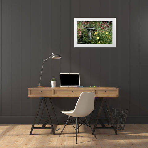 Canada, Manitoba, Fountain in garden White Modern Wood Framed Art Print by Grandmaison, Mike
